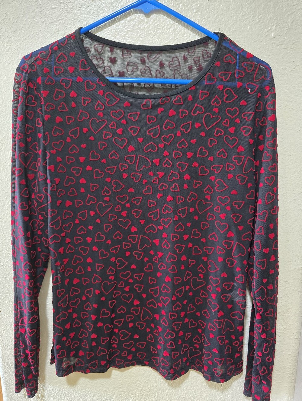 Mesh Black Long Sleeve Heart Print Top - Red Hearts